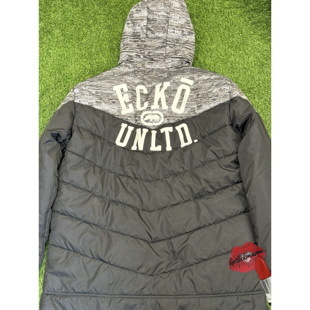 Ecko Unltd Puffer Coat Mens XL Black Grey Hooded Quilted Jacket Full Zip Y2K